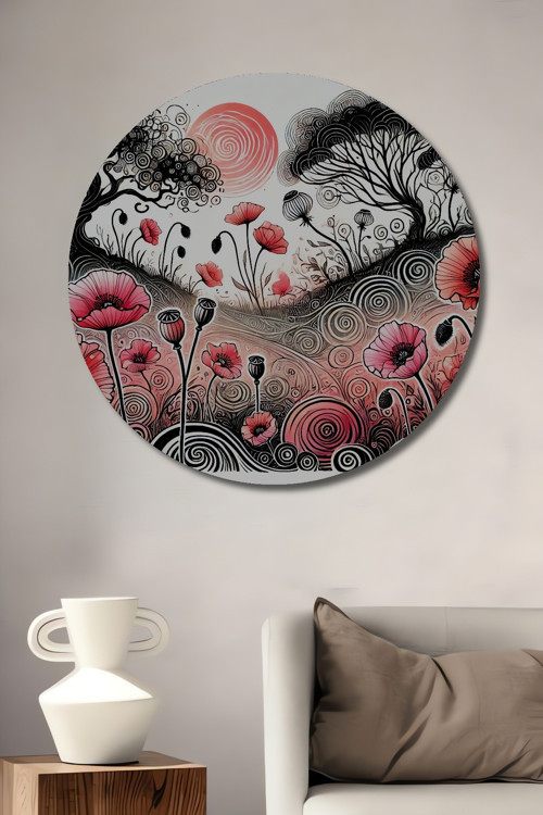 Kırmızı Gelincikler Soyut Sanat Siyah Beyaz Görünümlü Dekoratif Ahşap Mdf Yuvarlak Tablo