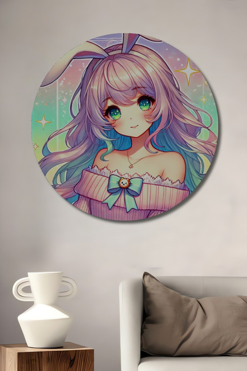 Anime Tarzı Tavşan Kız Pastel Renkli Dekoratif Ahşap Yuvarlak Ev,İşyeri Duvar Tablo