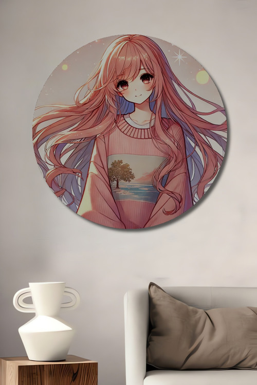 Anime Kız Pastel Tonlarda Dekoratif Ahşap Mdf Yuvarlak Ev,İşyeri Duvar Tablo