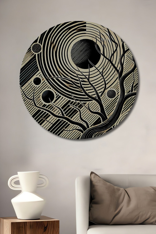 Soyut Sanat Siyah Beyaz Dekoratif Ahşap Mdf Yuvarlak Ev,İşyeri Duvar Tablo