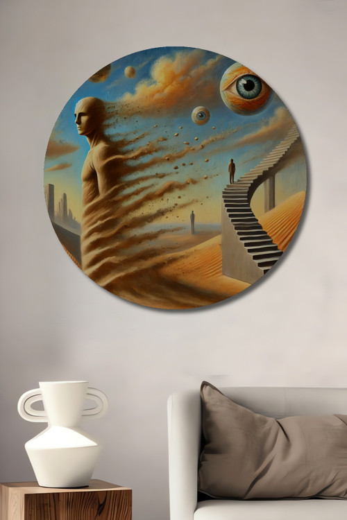 Sürrealist Çöl Soyut Sanat Dekoratif Ahşap Mdf Yuvarlak Ev,İşyeri Duvar Tablo