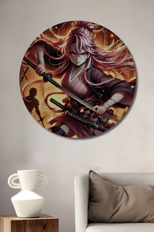 Anime Savaşçı Dekoratif Ahşap Mdf Yuvarlak Ev,İşyeri Duvar Tablo