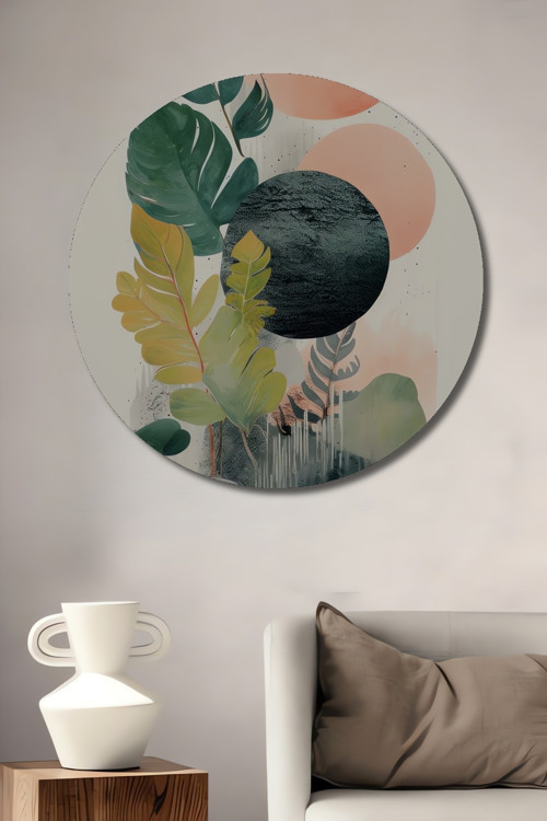 Yapraklar Ve Gezegenler Soyut Sanat Ahşap Mdf Dekoratif Yuvarlak Ev,İşyeri Duvar Tablo