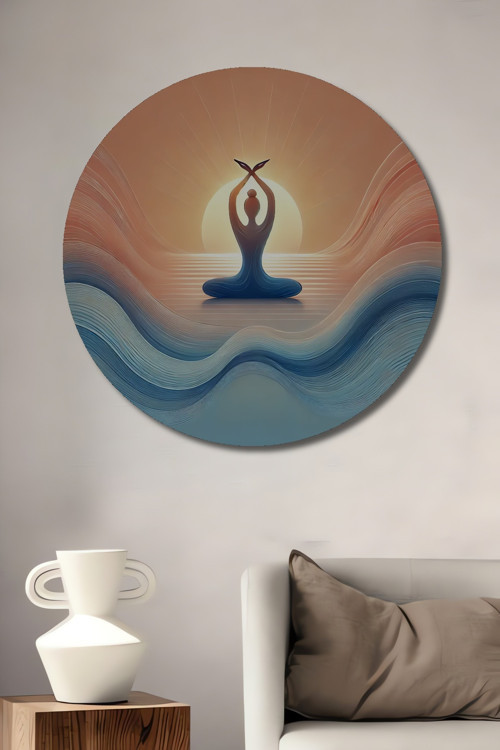 Yoga Meditasyon Silueti Günbatımı Dekoratif Ahşap Mdf Yuvarlak Ev,İşyeri Duvar Tablo