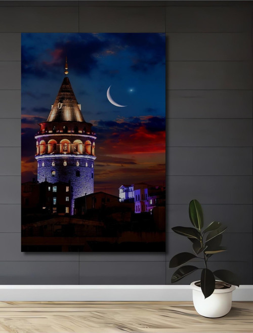 Galata Kulesi Gece Manzarası Dekoratif Ahşap Mdf Dikdörtgen Ev,İş Yeri Duvar Tablo