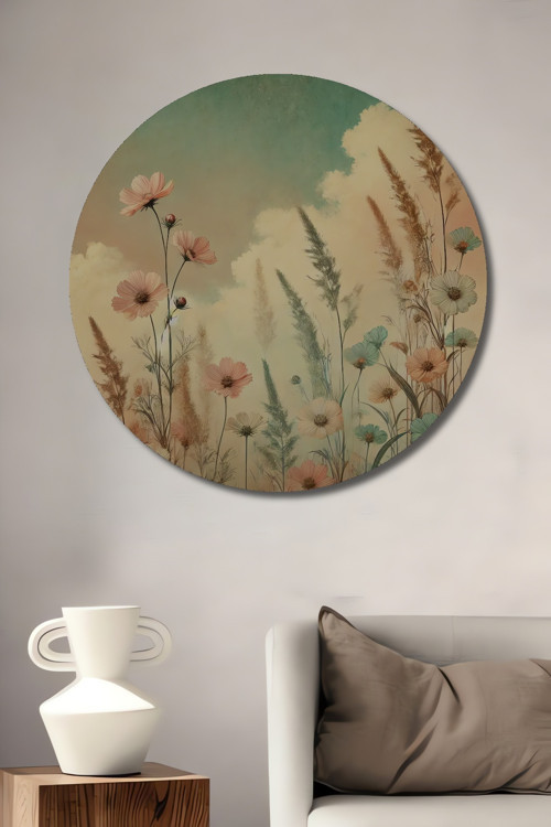 Pastel Çiçekler Ahşap Mdf Dekoratif Yuvarlak Ev,İşyeri Duvar Tablo
