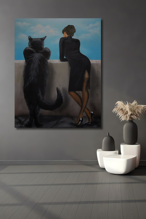 Kedi Ve Kadın Minimalist Dekoratif Ahşap Mdf Dikdörtgen Ev,İşyeri Duvar Tablo