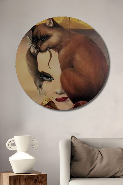 Kedi Portre Soyut Sanat Dekoratif Ahşap Mdf Yuvarlak Ev,İşyeri Duvar Tablo