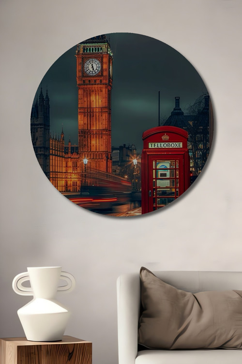 Londra Big Ben Dekoratif Ahşap Mdf Yuvarlak Ev,İşyeri Duvar Tablo