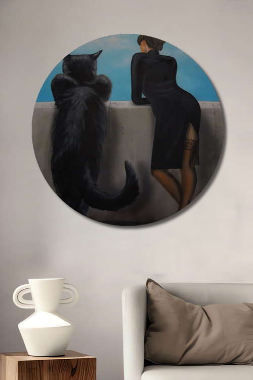Kedi Ve Kadın Minimalist Dekoratif Ahşap Mdf Yuvarlak Ev,İşyeri Duvar Tablo
