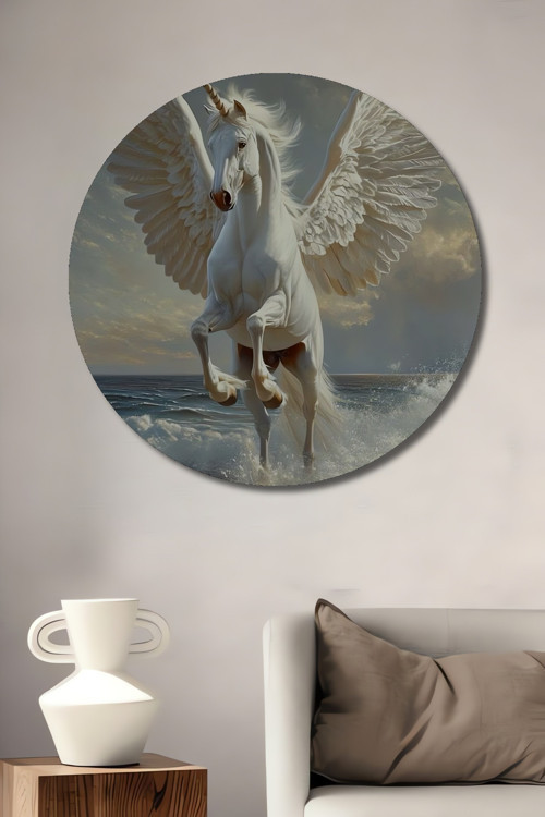 Uçan Unicorn Sulu Boya Görünümlü Dekoratif Ahşap Mdf Yuvarlak Ev,İşyeri Duvar Tablo