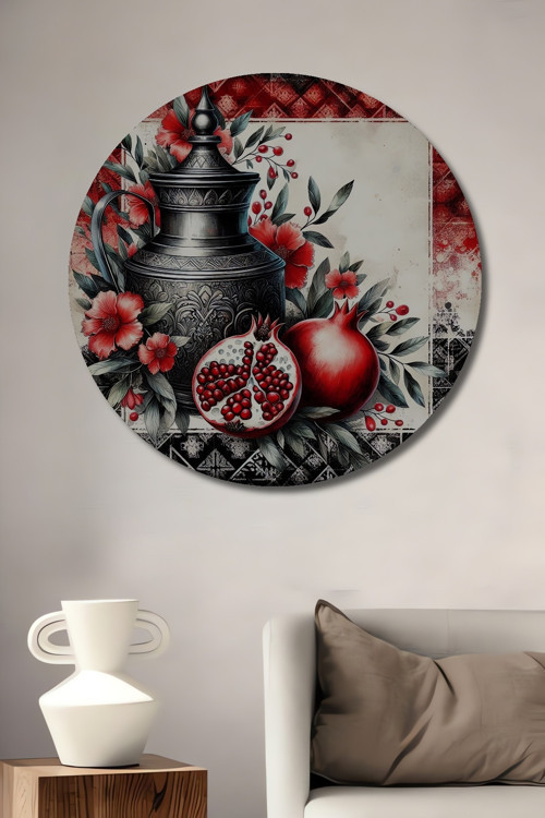 Nar Motifli Dekoratif Ahşap Mdf Yuvarlak Ev,İşyeri Duvar Tablo