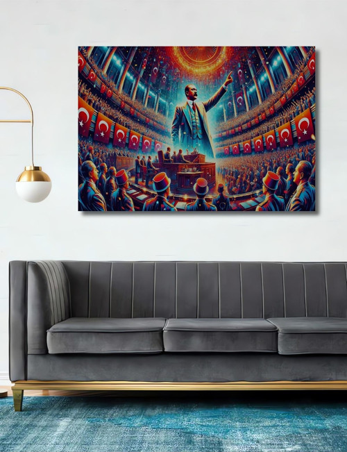 Atatürk İllüstrasyonu Siyasi Liderlik Temalı Modern Sanat Ahşap Dekoratif Dikdörtgen Tablo