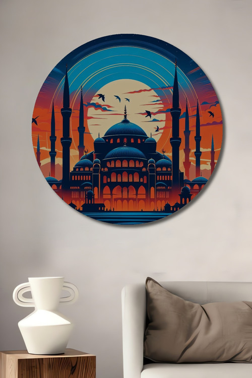 Mavi Cami Sihirli Günbatımı Dekoratif Ahşap Mdf Ev/İşyeri Duvar Tablo Yuvarlak Ev/İşyeri Duvar Tablo