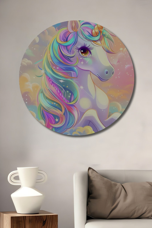 Gökkuşağı Unicorn Dekoratif Ahşap Mdf Ev/İşyeri Duvar Tablo Yuvarlak Ev/İşyeri Duvar Tablo