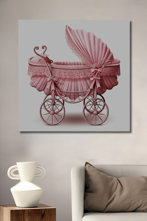 Pembe Bebek Arabası Ahşap Mdf Dekoratif Dikdörtgen Ev,İşyeri Duvar Tablo
