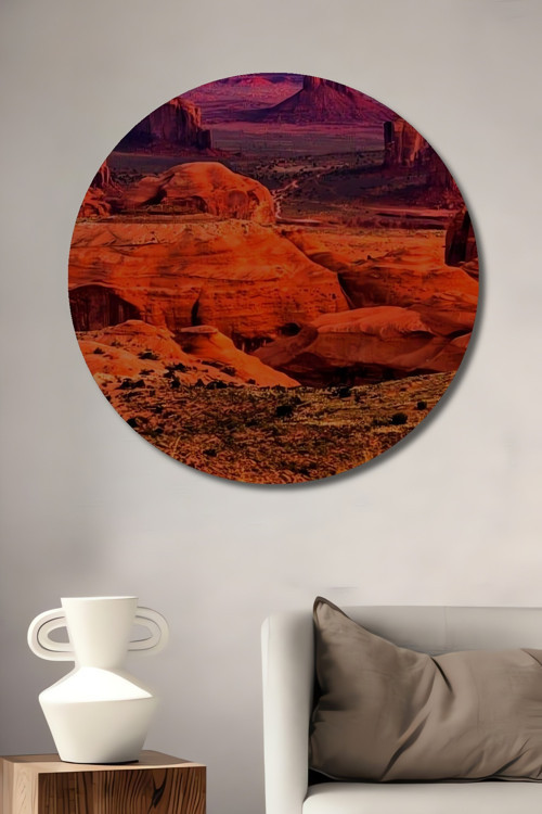 Monument Valley Manzarası Ahşap Mdf Dekoratif Yuvarlak Ev,İşyeri Duvar Tablo