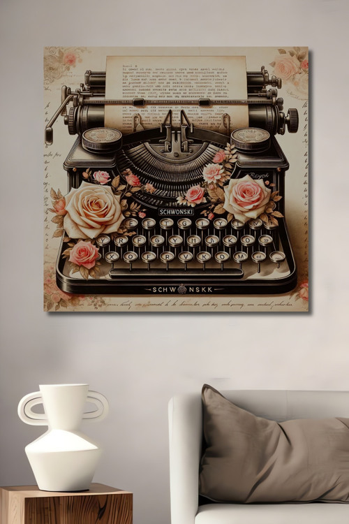 Gül Motifli Retro Daktilo Ahşap Mdf Dekoratif Dikdörtgen Ev,İşyeri Duvar Tablo