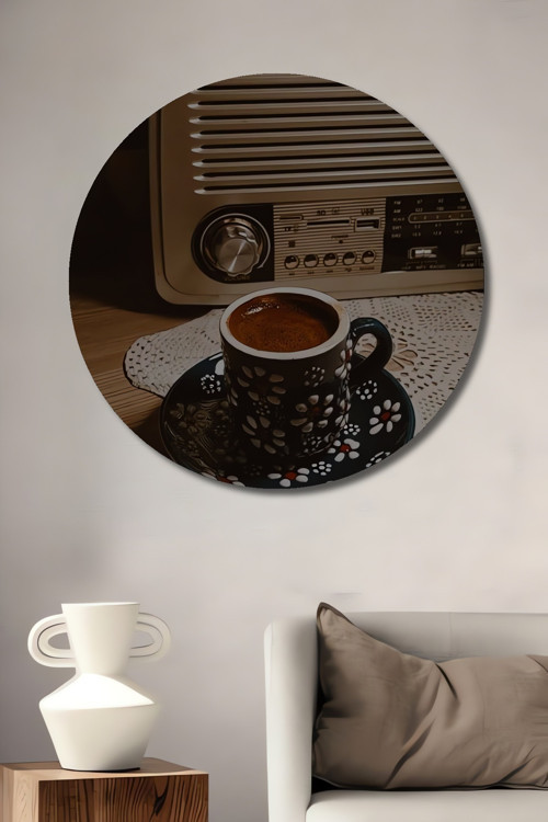 Nostaljik Radyo Ve Kahve Ahşap Mdf Dekoratif Yuvarlak Ev,İşyeri Duvar Tablo