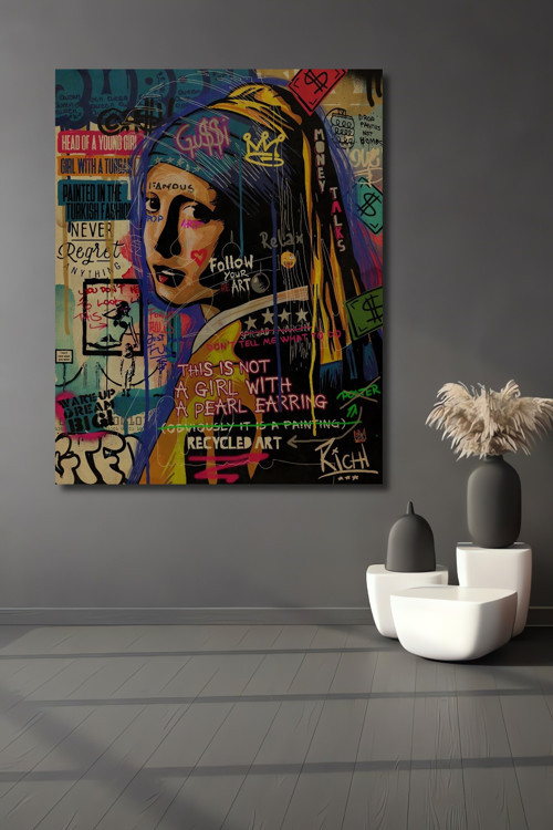 İnci Küpeli Kız Graffiti Modern Sanat Ahşap Dekoratif Dikdörtgen Ev,İşyeri Duvar Tablo