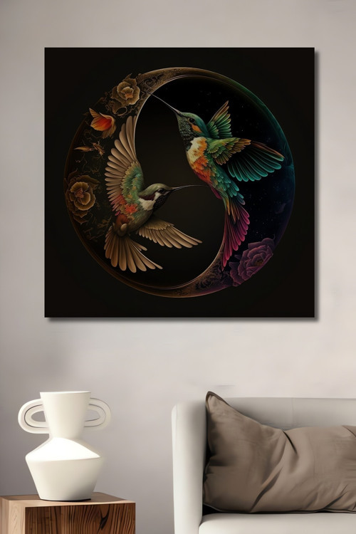 Hummingbird Çiçek Yağlı Boya Görünümlü Dekoratif Ahşap Dikdörtgen Ev,İşyeri Duvar Tablo