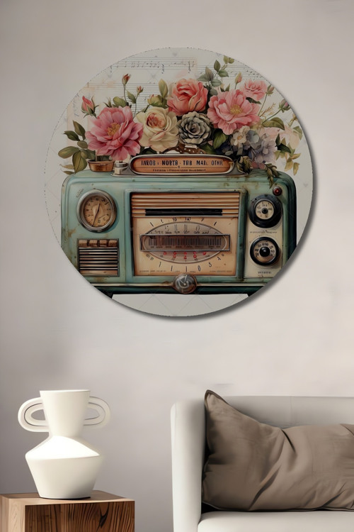 Retro Radyo Çiçek Bahçesi Dekoratif Ahşap Mdf Yuvarlak Ev,İşyeri Duvar Tablo
