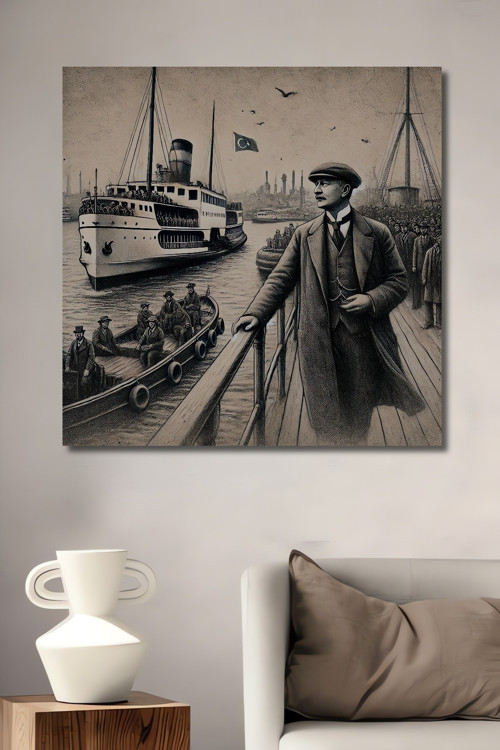 Atatürk Kadıköyde Vapur Ve Deniz Manzarasını Seyir Halinde Ahşap Tablosu