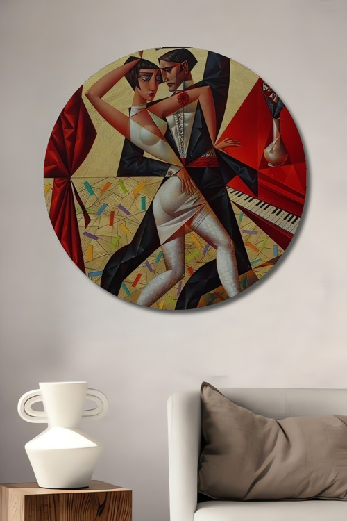 Tango Modern Sanat Yağlı Boya Görünümlü Dekoratif Ahşap Yuvarlak Ev,İşyeri Duvar Tablo
