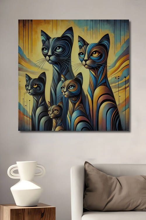 Sanatsal Modern Kedi Ailesi Dekoratif Ahşap Mdf Dikdörtgen Ev,İşyeri Duvar Tablo