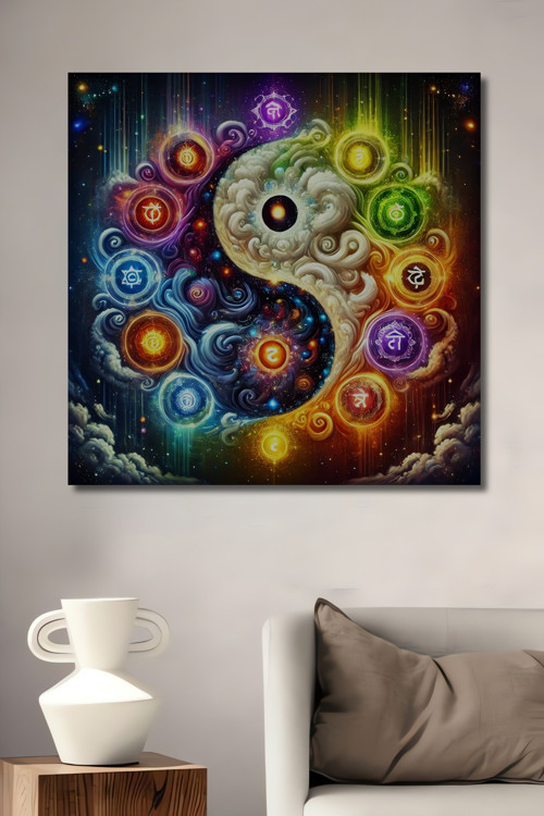 Ying Yang Çakra Soyut Sanat Yağlı Boya Görünümlü Dekoratif Ahşap Mdf Dikdörtgen Tablo