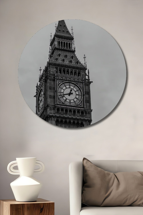 Big Ben Siyah Beyaz Ahşap Mdf Dekoratif Yuvarlak Ev,İşyeri Duvar Tablo