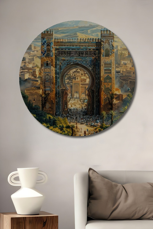 Fes Tarihi Kapı Manzaralı Ahşap Mdf Dekoratif Yuvarlak Ev,İşyeri Duvar Tablo