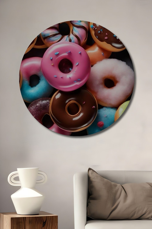 Renkli Çikolatalı Donutlar Ahşap Mdf Dekoratif Yuvarlak Ev,İşyeri Duvar Tablo