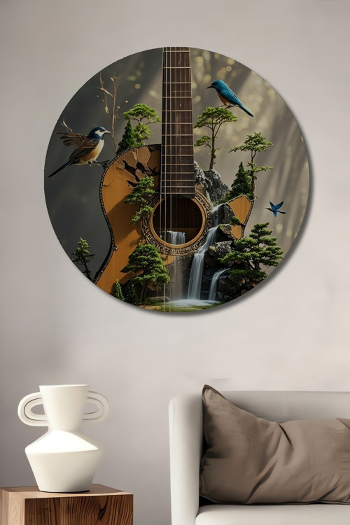 Doğa Kuşlar Gitar Dekoratif Ahşap Mdf Yuvarlak Ev,İşyeri Duvar Tablo