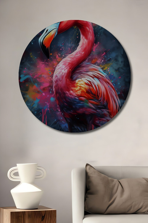 Renkli Flamingo Dekoratif Ahşap Mdf Yuvarlak Ev,İşyeri Duvar Tablo