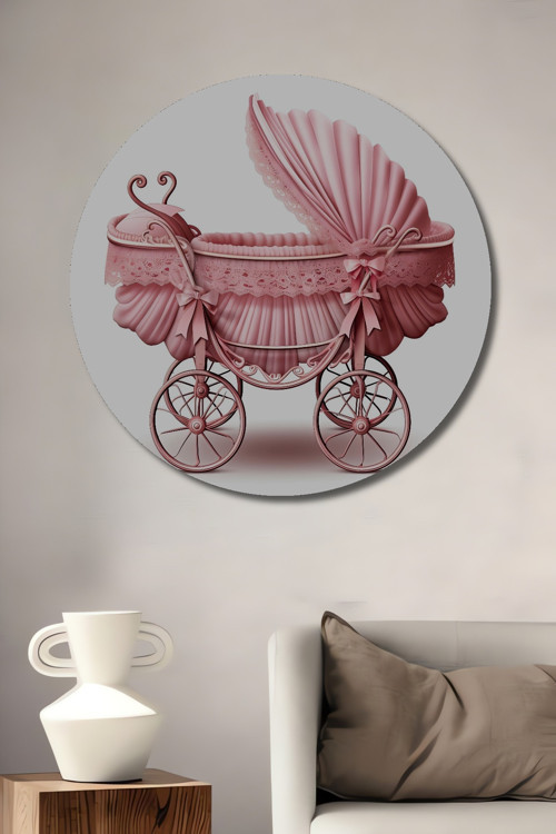 Pembe Bebek Arabası Ahşap Mdf Dekoratif Yuvarlak Ev,İşyeri Duvar Tablo
