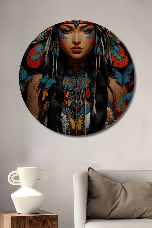 Kızılderili Motifli Modern Ahşap Mdf Yuvarlak Ev,İşyeri Duvar Tablo