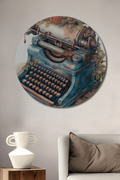 Nostaljik Daktilo Çiçek Desenli Dekoratif Ahşap Mdf Yuvarlak Ev,İşyeri Duvar Tablo