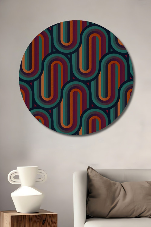Retro Geometrik Desenli Dekoratif Ahşap Mdf Yuvarlak Ev,İşyeri Duvar Tablo