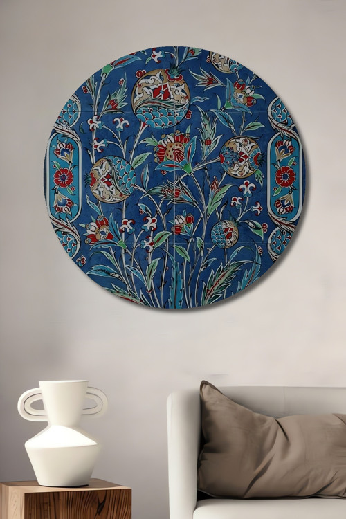 Çiçek Desenli Osmanlı Motifli Dekoratif Ahşap Mdf Yuvarlak Ev,İşyeri Duvar Tablo