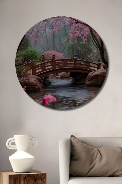 Japon Kiraz Çiçeği Köprüsü Dekoratif Ahşap Mdf Yuvarlak Ev,İşyeri Duvar Tablo