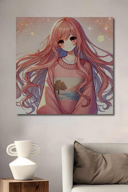Anime Kız Pastel Tonlarda Dekoratif Ahşap Mdf Dikdörtgen Ev,İşyeri Duvar Tablo