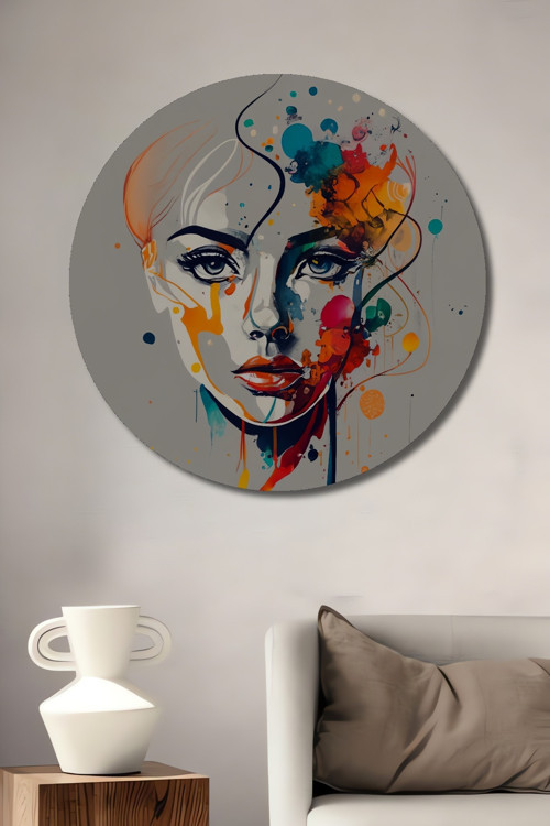 Renkli Kadın Yüzü Soyut Sanat Ahşap Mdf Dekoratif Yuvarlak Ev,İşyeri Duvar Tablo