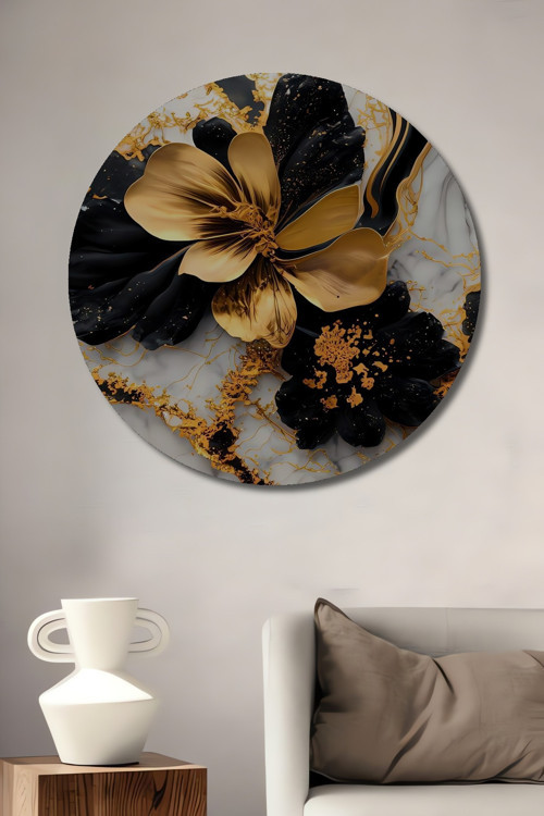 Altın Çiçek Soyut Sanat Ahşap Mdf Dekoratif Yuvarlak Ev,İşyeri Duvar Tablo