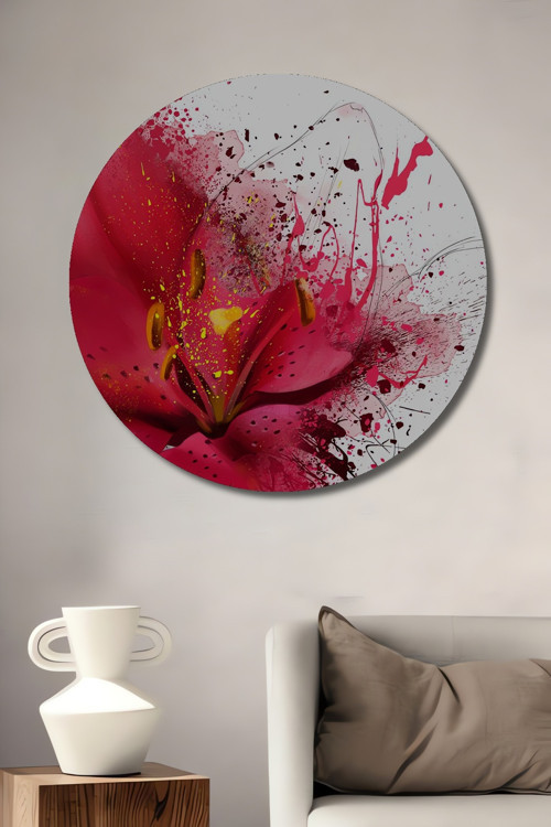 Çarpıcı Pembe Çiçek Soyut Sanat Ahşap Mdf Dekoratif Yuvarlak Ev,İşyeri Duvar Tablo