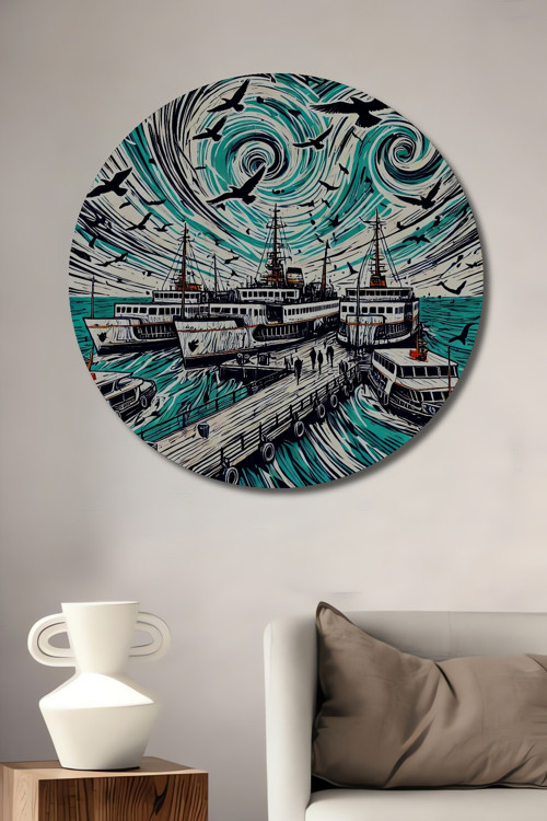 Şehir Vapur Soyut Sanat Ahşap Mdf Dekoratif Yuvarlak Ev,İşyeri Duvar Tablo