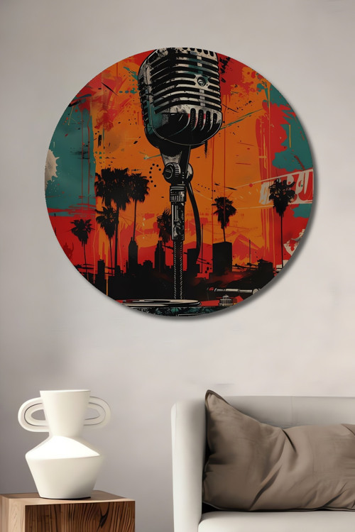 Retro Mikrofon Palmiyelerle Soyut Sanat Ahşap Dekoratif Yuvarlak Ev,İşyeri Duvar Tablo