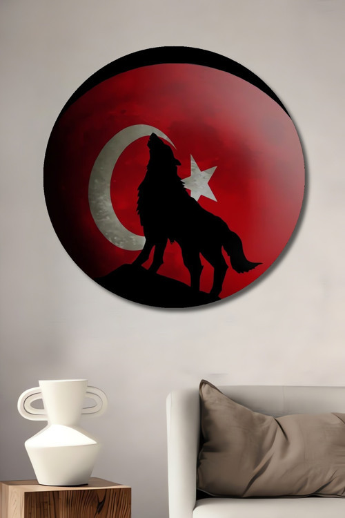 Kurt Ve Ay Yıldız Siyah Beyaz Ahşap Mdf Dekoratif Yuvarlak Ev,İşyeri Duvar Tablo