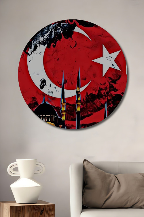 Ay Yıldız Ve Ayasofya Temalı Ahşap Mdf Dekoratif Yuvarlak Ev,İşyeri Duvar Tablo