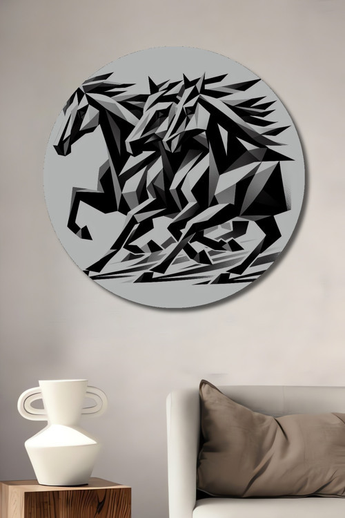 Koşan Atlar Geometrik Ahşap Mdf Dekoratif Yuvarlak Ev,İşyeri Duvar Tablo
